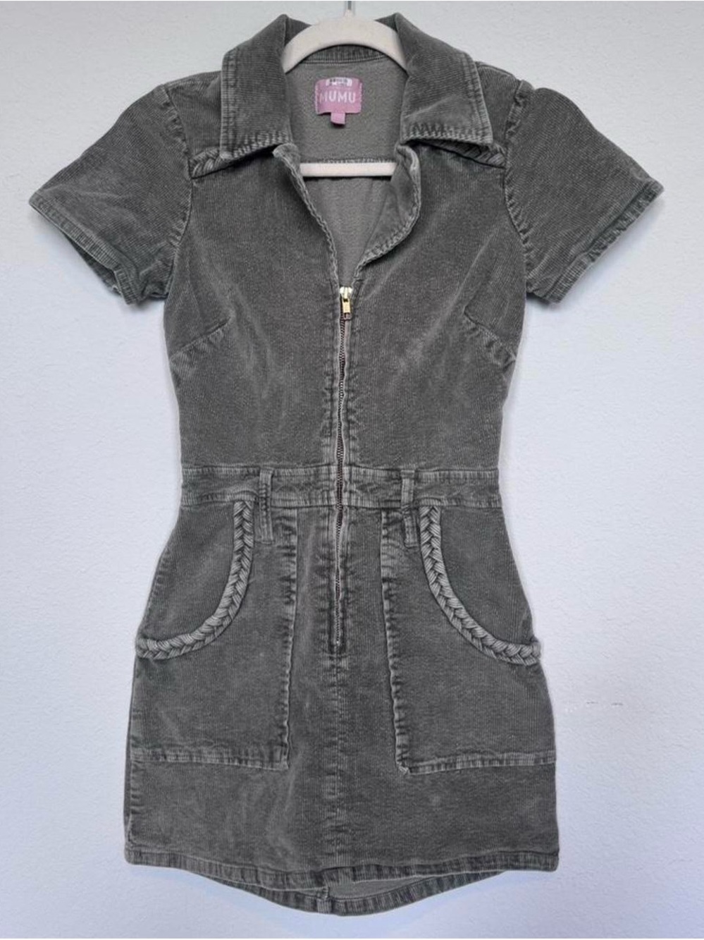 Show Me Your MuMu Short Sleeve Zip-Front Mini Corduroy Dress in Washed Green